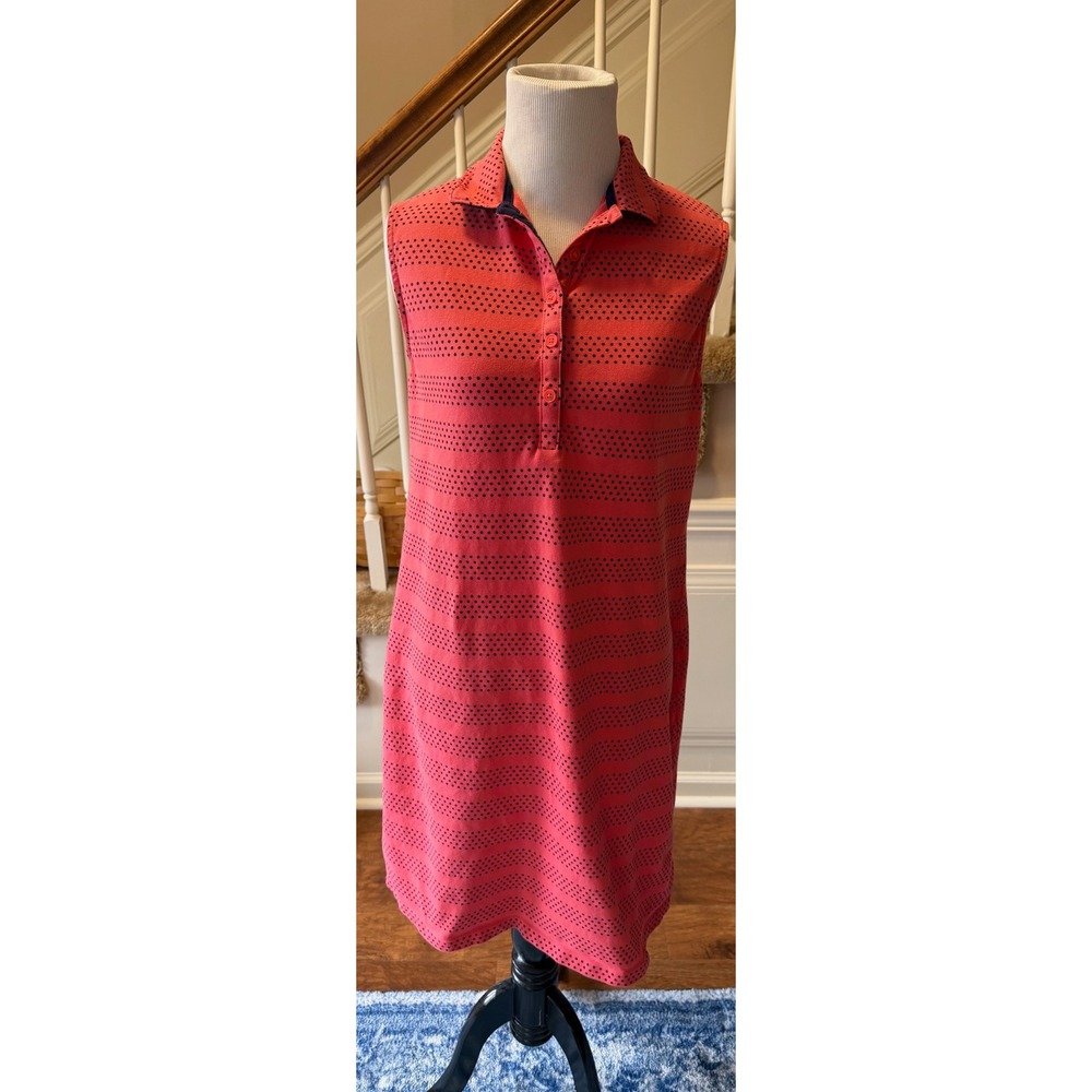 Lands End Women Sleeveless Polo Dress Coral Pink Navy Polka Dot Stripe Med 10-12